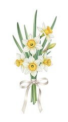 Watercolor illustration of a charming daffodil bouquet tied with a delicate white ribbon, perfect for spring celebrations.