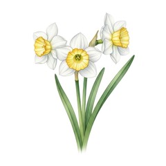 Watercolor illustration of three white daffodils with yellow centers and green leaves, isolated on a white background, showcasing spring bloom and botanical beauty.