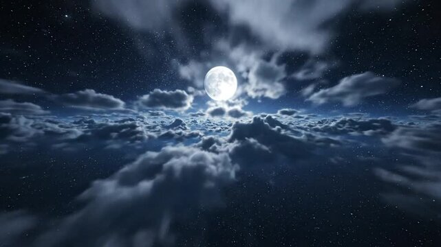 Epic full moon rising over layers of fluffy clouds with sparkling stars in a dark night sky background