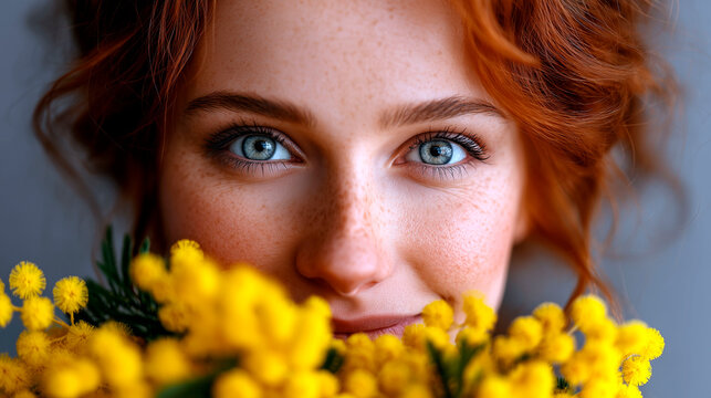 Closeup portrait of young European redhead woman with blue eyes and freckles holding yellow mimosa flowers