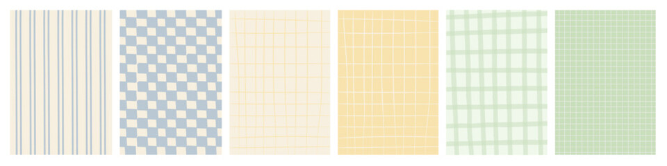 Pastel hand drawn plaid and grid pattern backgrounds in soft colors. Minimal abstract checkered textures for branding, packaging, social media, stationery and spring design. Vector illustration.