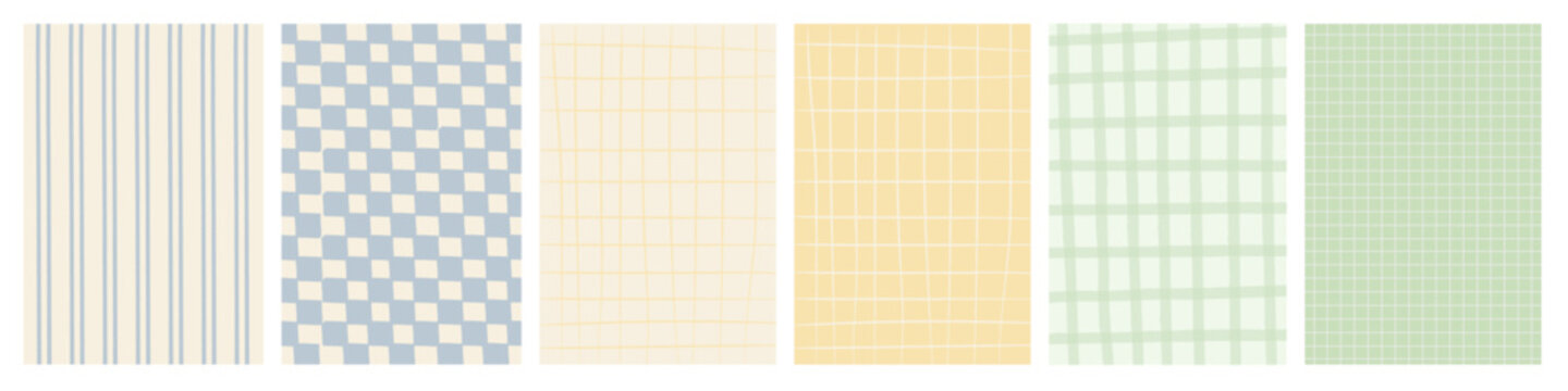 Pastel hand drawn plaid and grid pattern backgrounds in soft colors. Minimal abstract checkered textures for branding, packaging, social media, stationery and spring design. Vector illustration.