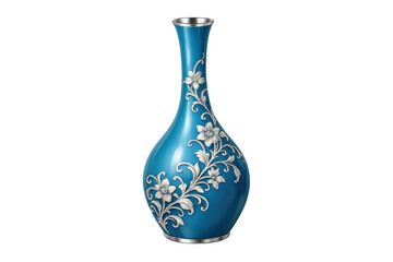 Blue porcelain vase with ornate silver floral design, decorative ceramic ornament for home decor, transparent background