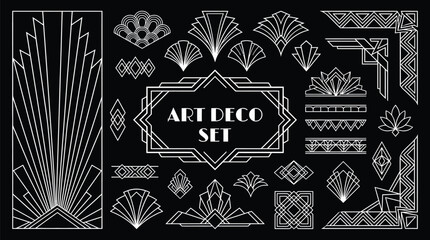 Art Deco Set with Luxury Geometric Frames, Vintage Golden Line Ornaments, Sunburst and Diamond Shapes on Black Background, Elegant 1920s Style Vector Collection for Branding and Design © GIBBI RWW