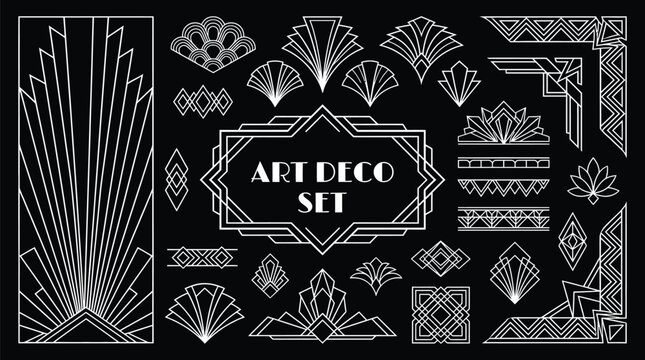 Art Deco Set with Luxury Geometric Frames, Vintage Golden Line Ornaments, Sunburst and Diamond Shapes on Black Background, Elegant 1920s Style Vector Collection for Branding and Design
