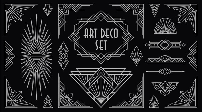 Art Deco Set with Luxury Geometric Frames, Vintage Golden Line Ornaments, Sunburst and Diamond Shapes on Black Background, Elegant 1920s Style Vector Collection for Branding and Design