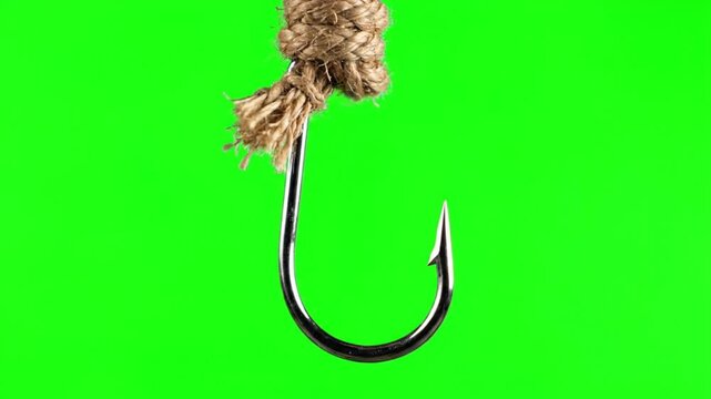 Close up of a shiny fishing hook hanging from a knotted rope on a vivid green background