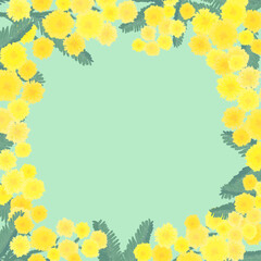 Obraz premium 手描きのミモザのフレーム_緑背景_正方形