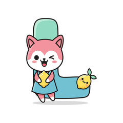 Cartoon pink fox in blue dress holding star shaped cookie with smiling lemon on tail