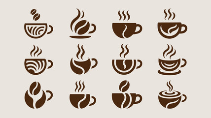 Obraz premium An arrangement of various coffee cup and bean icons with rising steam depicted in a monochrome brown color scheme high quality professional detailed modern elegant stylish