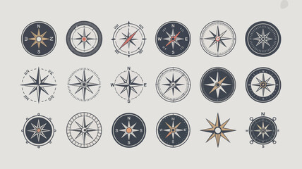 A collection of vintage compass roses are displayed in varying styles and colors arranged neatly in a grid like pattern on a light background high quality © Nargis