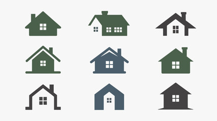 Fototapeta premium A collection of nine simple house icons in varying shades of green blue and gray are displayed in a neat grid arrangement high quality professional detailed