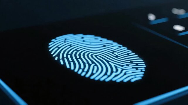 A glowing blue fingerprint on a dark digital scanner surface.
