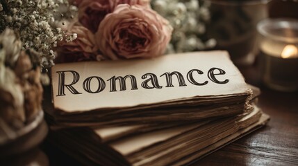 Romance sign in table with Valentine theme and flowers 
