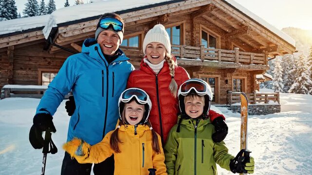 Joyful family of four standing together in the snow during a winter holiday, smiling and waving at the camera in front of their cozy alpine ski lodge while it is snowing
