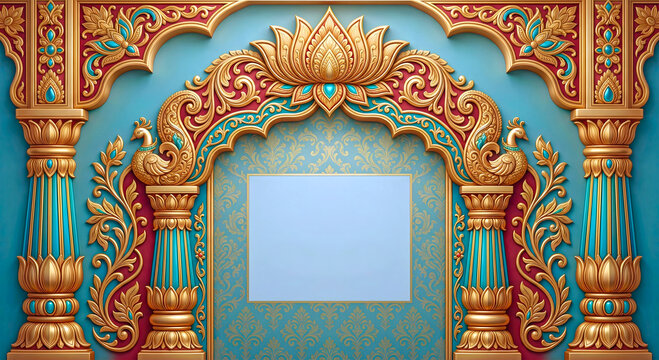 Luxury Royal Indian Wedding Arch Frame with Golden Peacock Motifs and Lotus Design