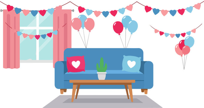 Charming living room interior decorated with pink and blue heart shaped banners balloons and comfortable blue sofa ready for a celebration or party