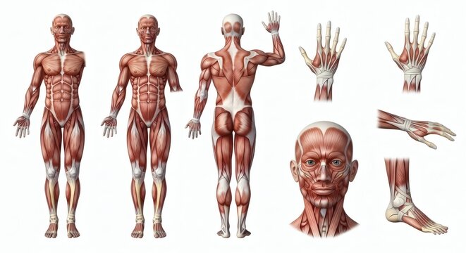 Anatomical illustrations depicting the human muscular system from anterior, posterior, and lateral views, along with detailed views of the hand, face, and foot