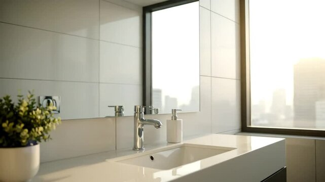 modern bathroom design with minimalist white sink faucet and bright natural light from a cityscape window