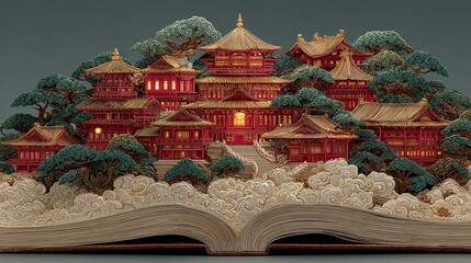 Obraz premium Pages of ancient books slowly spread out magnificent Chinese palaces stand atop them