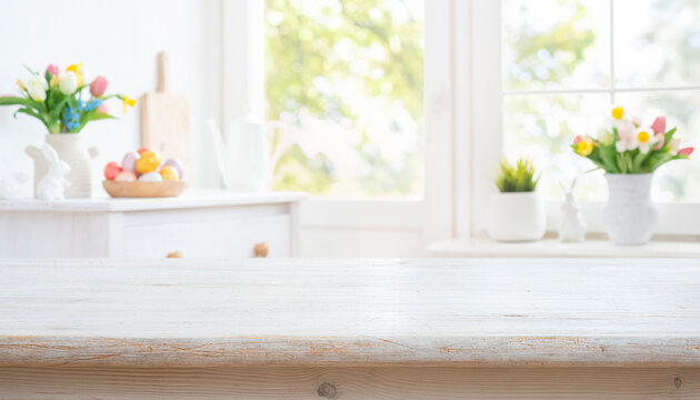 Empty wooden table for product display on decorated for Easter celebration blurred kitchen background