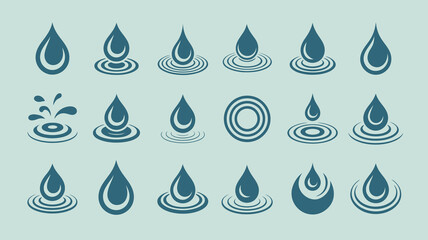 An illustration displays various stylized water droplets and ripple effects in shades of blue arranged against a pale turquoise background high quality professional detailed modern elegant