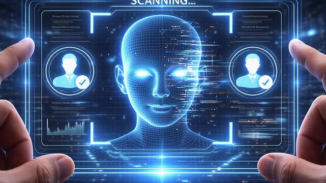 Facial recognition technology scans face data using ai prevent identity fraud and crimes, addressing cybersecurity threats, deepfake face manipulation risks and misuse
