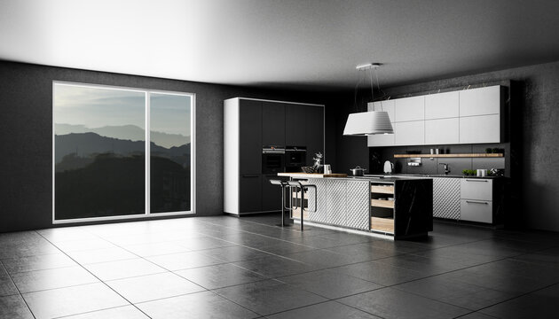 Modern dark 3d rendered kitchen interior with mountain view and island