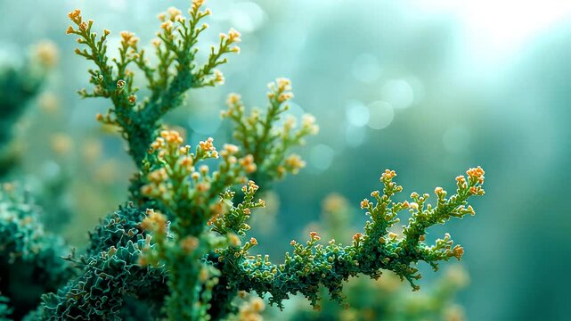 Green coral branches with orange polyps growing underwater in soft blue ocean light