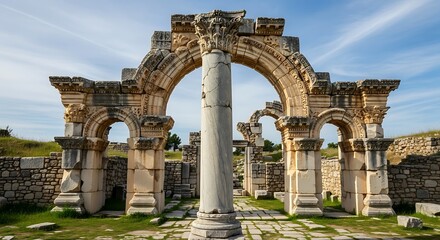 Obraz premium Ancient ruins of the historic church with stone arches and columns under blue sky