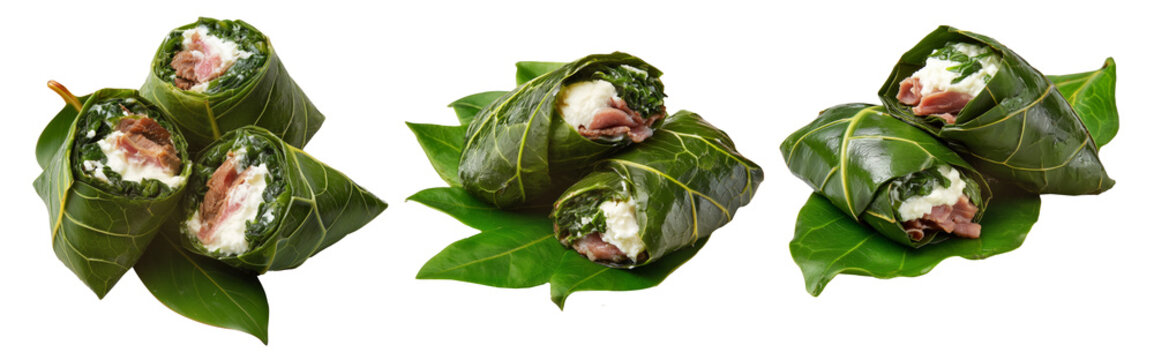 Set of Lu Pulu beef wraps filled with coconut cream in taro leaves isolated on white transparent background.