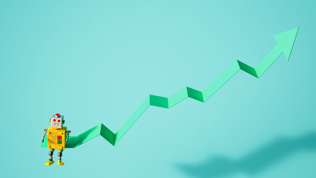 Robot with upward arrow symbolizing finance growth and stability