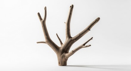 Fototapeta premium A detailed shot of a natural, multi-branched piece of driftwood standing upright against a clean white background, casting a subtle shadow.