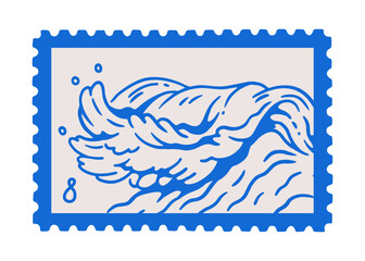 Obraz premium Postal stamp with sea wave. Hand-drawn ocean, marine foam, doodle scribble line art in perforated frame. Italian dolce vita vacation postmark. Flat vector illustration isolated on white background