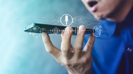 AI voice assistant on smartphone with speech recognition and digital waveform interface