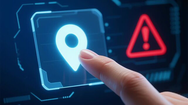 Finger interacts with digital interface location icon and red warning sign, cybersecurity threat risks from facial recognition misuse and identity fraud crimes