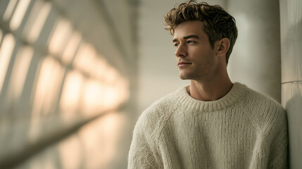 A young man in a cream-colored sweater standing by a window natural light