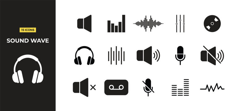 Vector illustration of black and white sound wave icons set with headphones and speakers