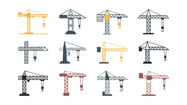 A collection of various construction crane illustrations in differing styles and colors neatly arranged against a plain white background high quality professional detailed modern elegant stylish