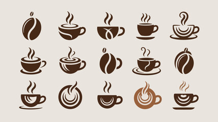Obraz premium A collection of vector graphics showcasing coffee beans and steaming cups arranged in a grid like pattern on a beige background high quality professional detailed modern