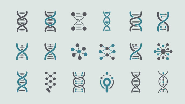 An arrangement of teal dna helix icons and related genetic symbols are displayed against a light blue background high quality professional detailed modern elegant stylish clean