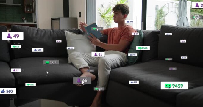 Man sitting on sofa holding book, badges appearing around him, accumulating, guiding marketing
