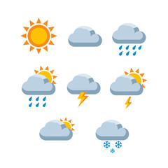 Obraz premium Weather icons for sunshine, rain, snow, and thunderstorms