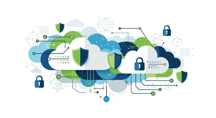 Illustration of cloud computing security elements with padlocks and icons representing firewall and IT technology.