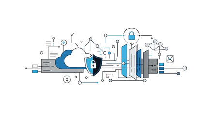 Vector illustration of cloud computing security elements with icons and firewall protection in America.