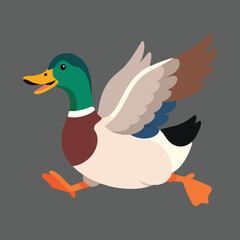 Obraz premium A cute cartoon duck illustration featuring a happy mallard character with a yellow beak and wings, designed as a funny vector art icon for wildlife and nature themes