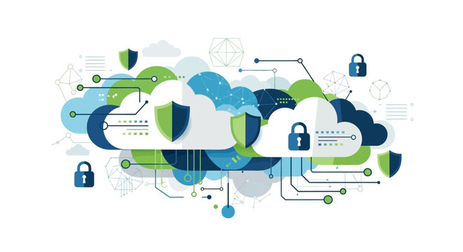Illustration of cloud computing security elements with padlocks and icons representing firewall and IT technology.