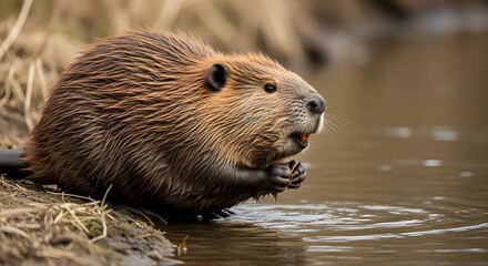A beaver swims calmly near a muddy riverbank, showcasing its thick fur and natural behavior in a freshwater ecosystem.