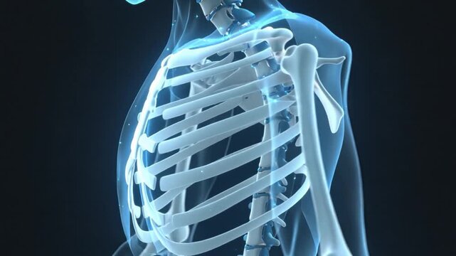 Ultra realistic x ray human rib cage and chest skeletal anatomy visualization with glowing bones for medical technology use