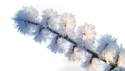 Close-up of frost-covered twig against a bright, white background